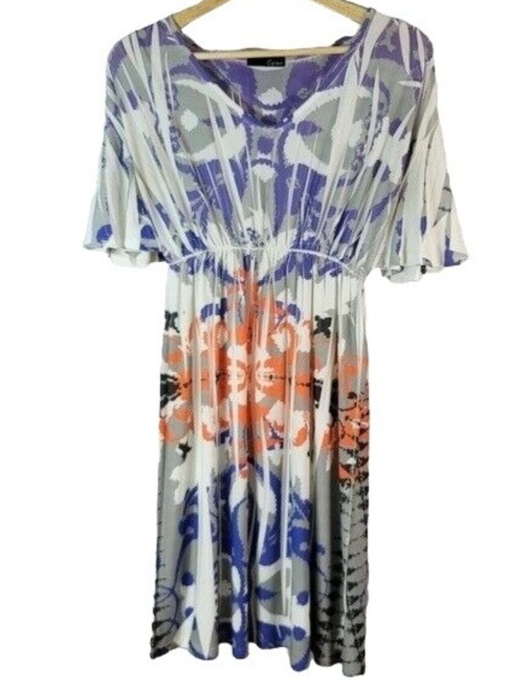 Espresso Floral Western Dress Blue Medium Stretchy Scoop Neck Pleated Boho